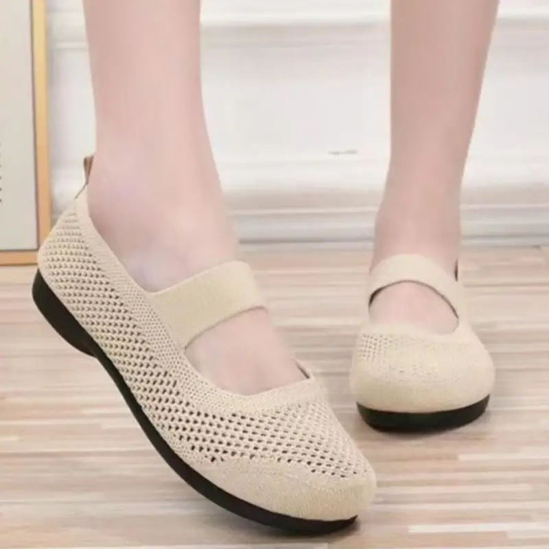 Women's Solid Color Mesh Flat Round Toe Shoes, Ankle Strap Lightweight Breathable Walking Shoes