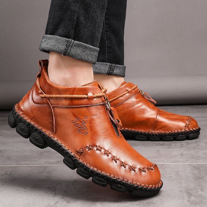 Mens Hand Stitching Non-Slip Soft Sole Genuine Leather Ankle Chukka Boots-caipcmall