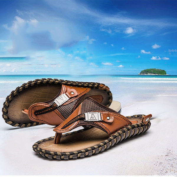 2024 Summer Plus Size Hand-made Genuine Leather Men Slippers Beach Sandals-caipcmall