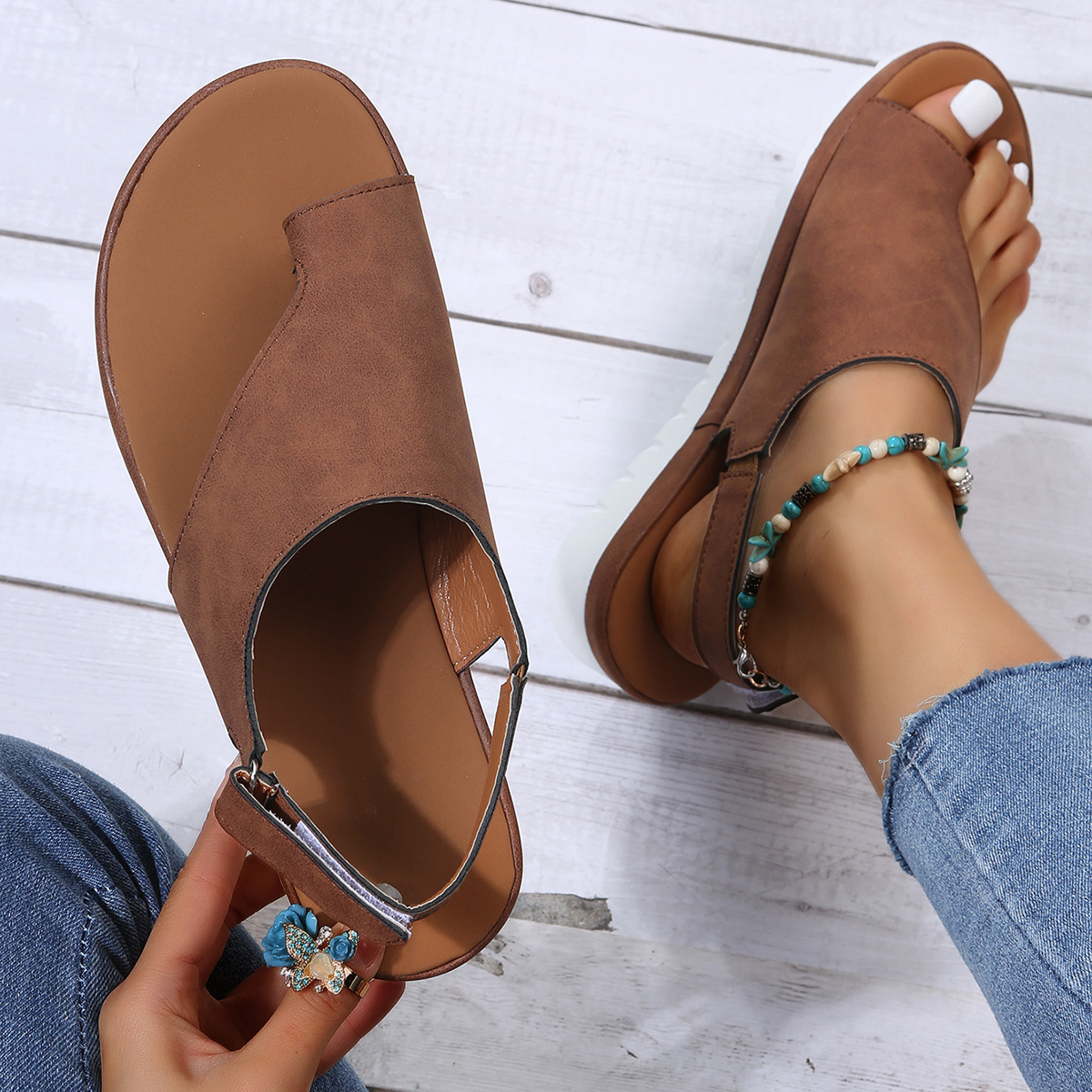 2023 Womens Summer Peep Super Comfortable Vintage Leather Sandals