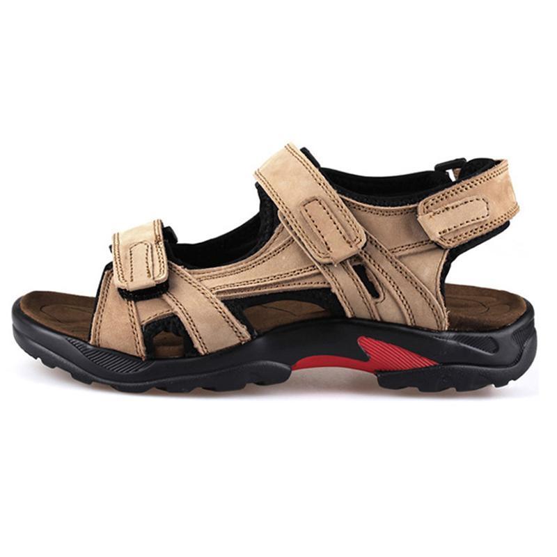 Men's first layer leather beach shoes open toe slip summer handmade large size sandals outdoor-caipcmall