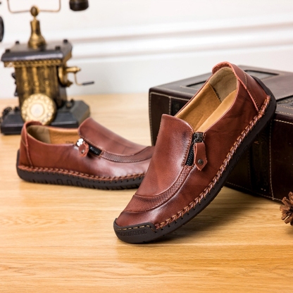 Mens Waterproof Handmade Side Zipper Casual Comfy Leather Slip On Loafers-caipcmall