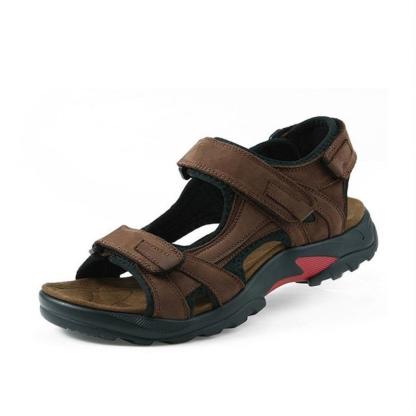 Men's first layer leather beach shoes open toe slip summer handmade large size sandals outdoor-caipcmall