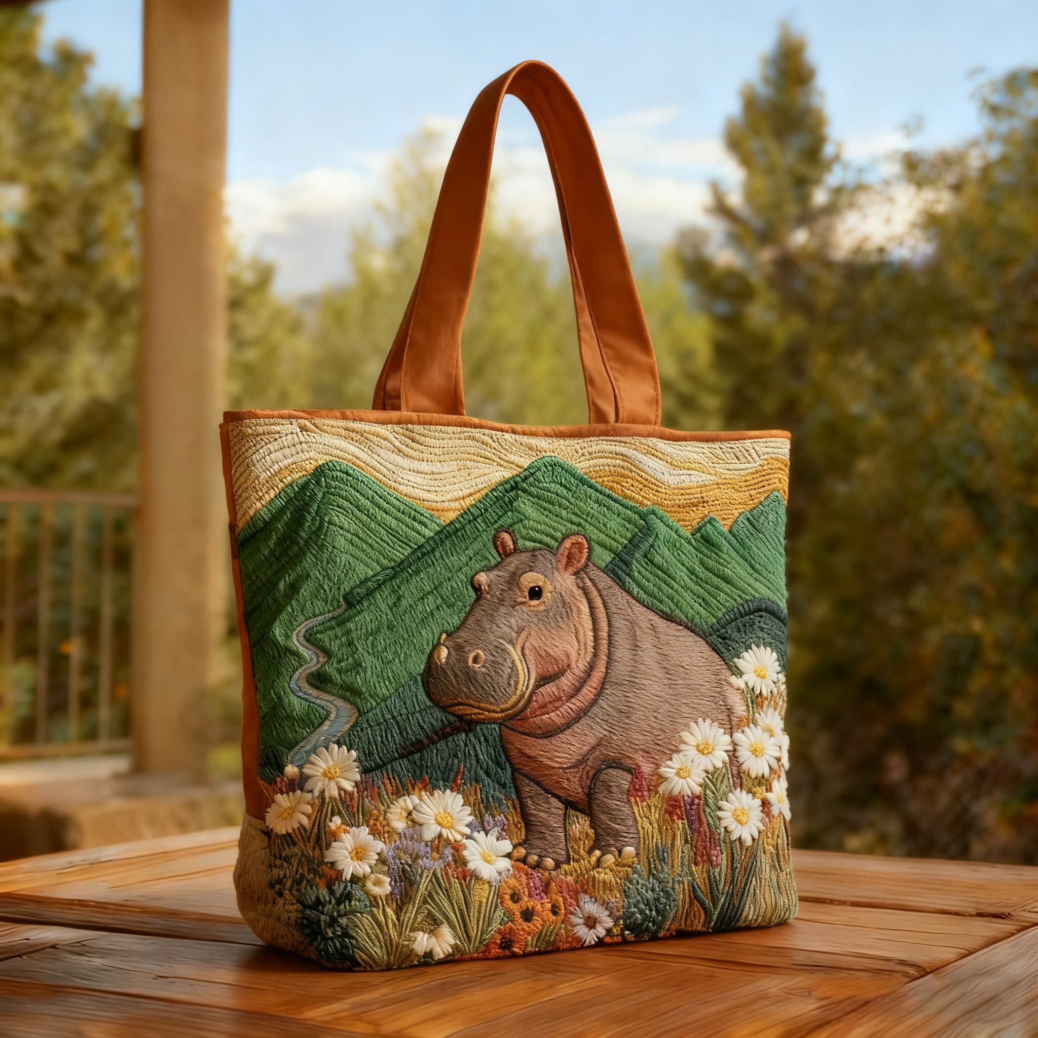 Solemn Hippo Quilted Tote Bag