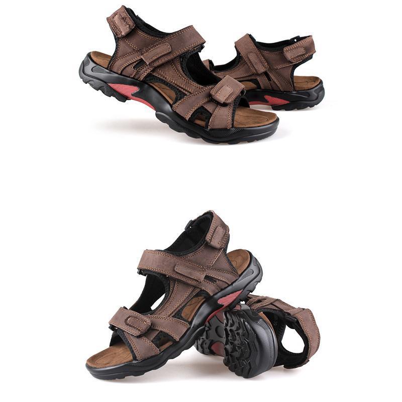 Men's first layer leather beach shoes open toe slip summer handmade large size sandals outdoor-caipcmall