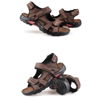 Men's first layer leather beach shoes open toe slip summer handmade large size sandals outdoor-caipcmall