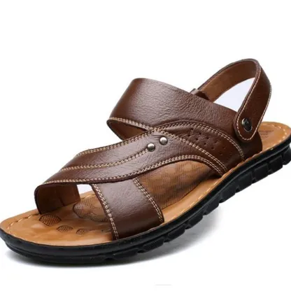 Men's Summer Genuine Leather Sandals Comfortable Slip-on Beach Shoes-caipcmall