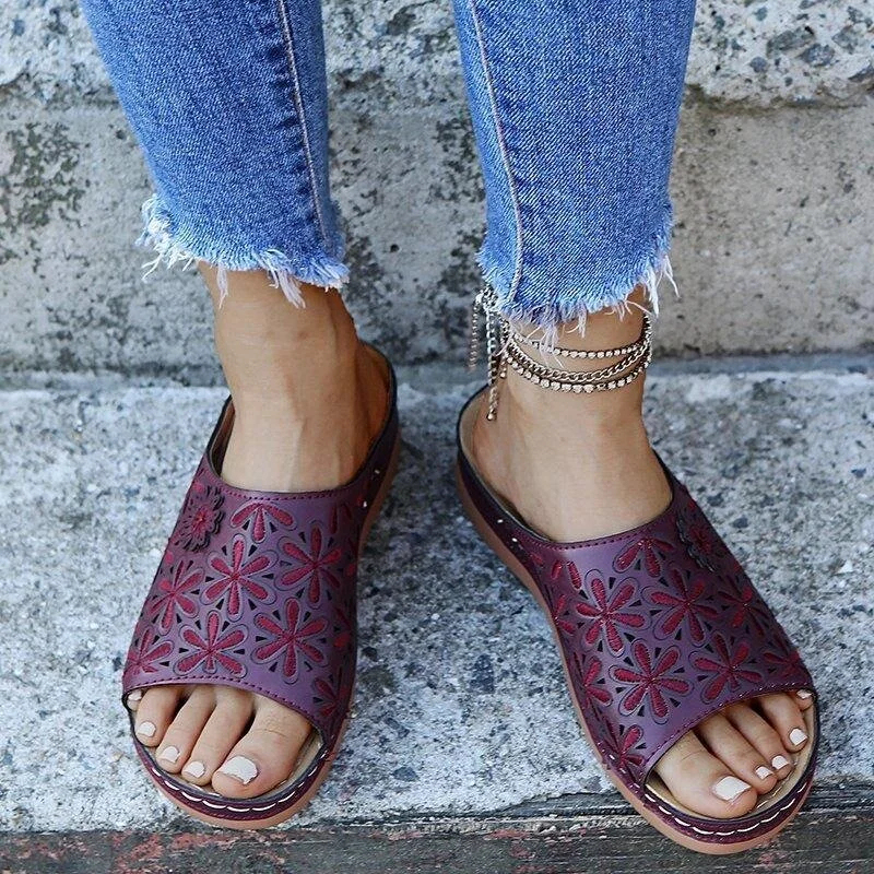 Women's vintage flower embroidered cut-out leather orthopedic sandals.