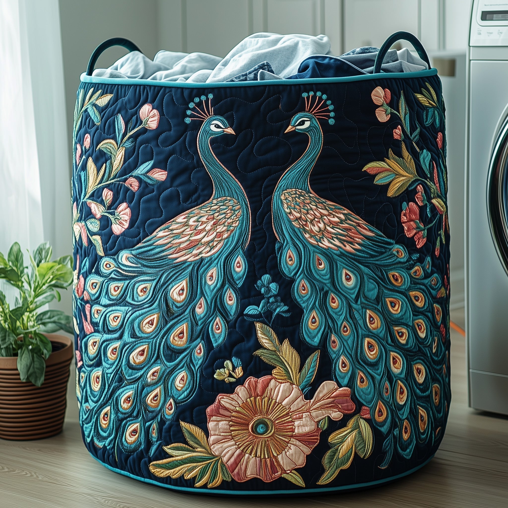Elegant Peacock Quilted Laundry Basket GFTOHD10183
