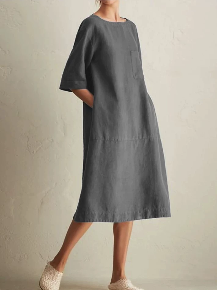 Casual round neck cotton and linen pocket dress