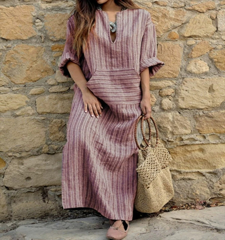 Cotton and Linen Yarn-dyed Striped Loose Dress