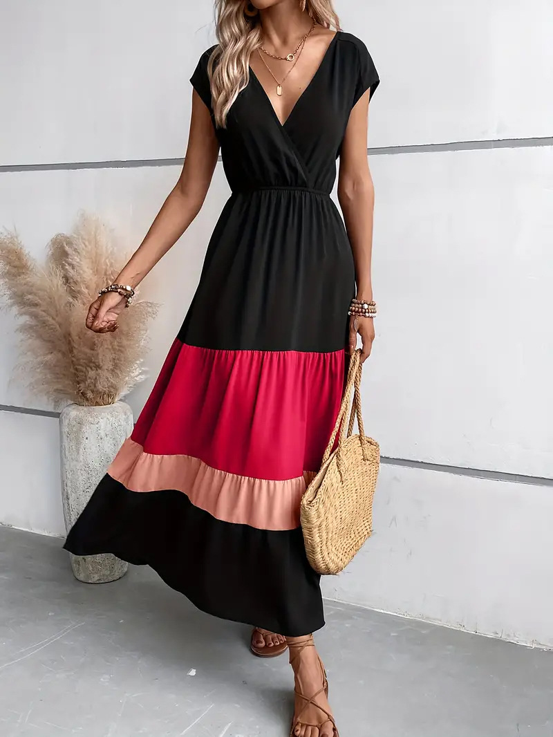 Colorblock Short Sleeve V Neck Dress