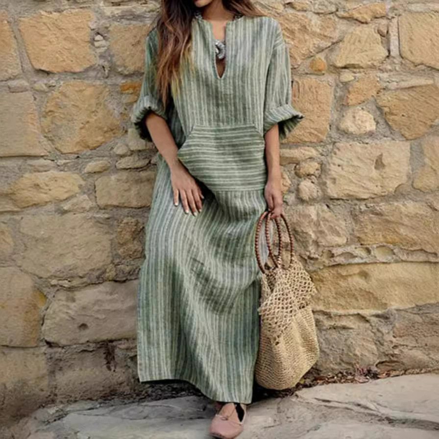 Cotton and Linen Yarn-dyed Striped Loose Dress