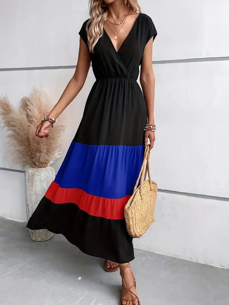 Colorblock Short Sleeve V Neck Dress