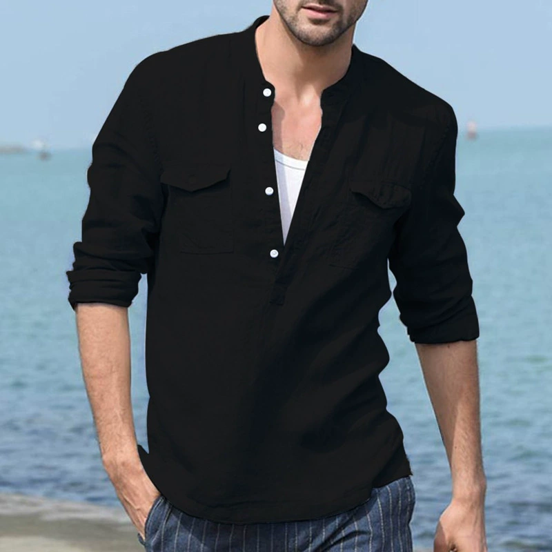 MARCO LUCA | Men's cotton and linen casual solid color long-sleeved shirt
