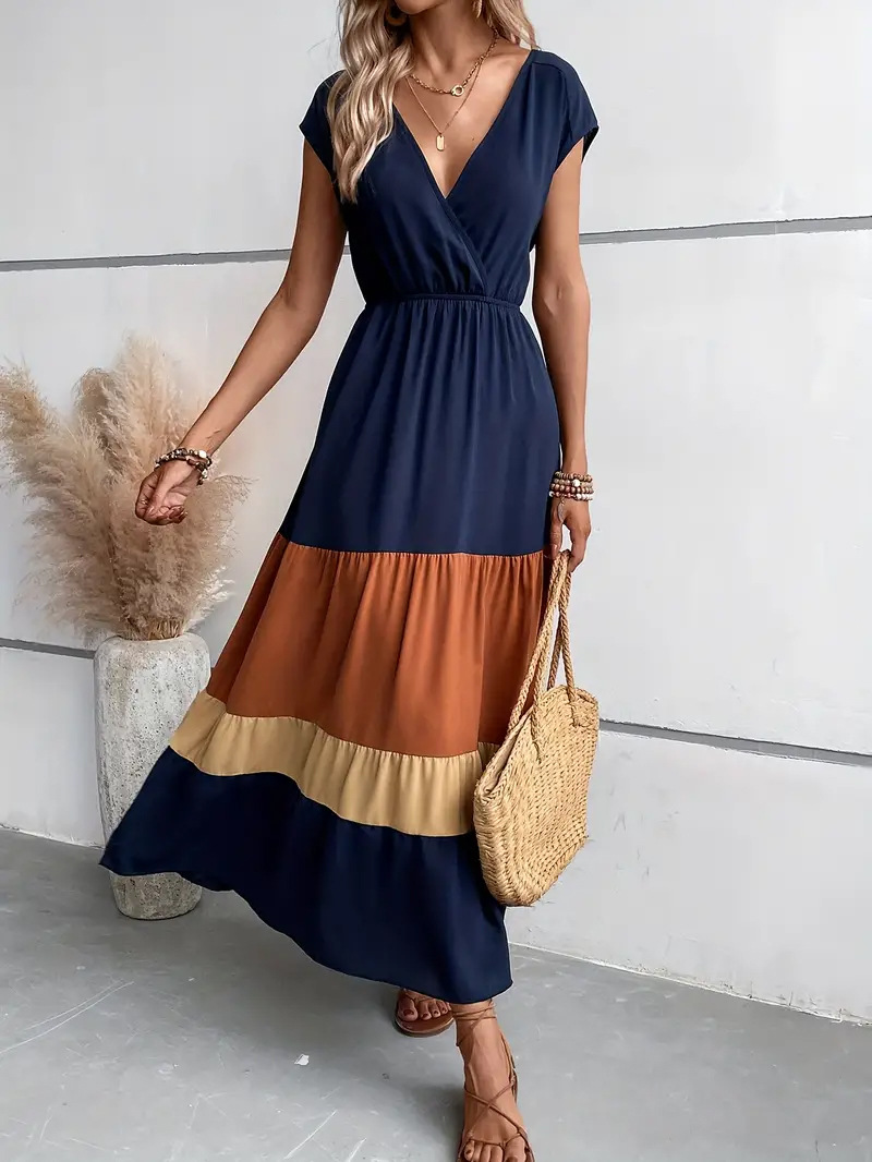 Colorblock Short Sleeve V Neck Dress