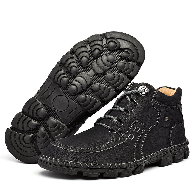 Men's hand-stitched fleece lined non-slip soft sole leather booties-caipcmall