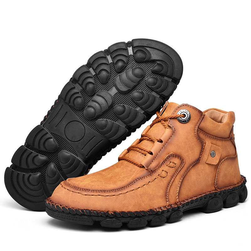 Men's hand-stitched fleece lined non-slip soft sole leather booties-caipcmall