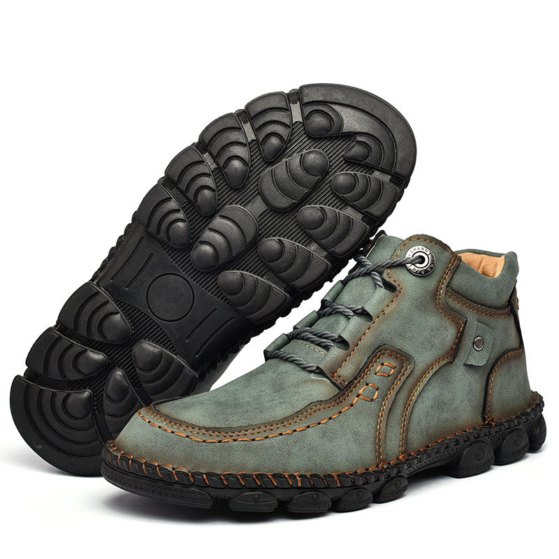 Men's hand-stitched fleece lined non-slip soft sole leather booties-caipcmall