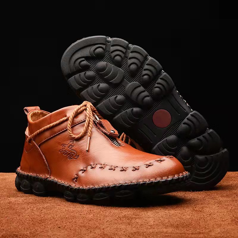 Mens Hand Stitching Non-Slip Soft Sole Genuine Leather Ankle Chukka Boots-caipcmall