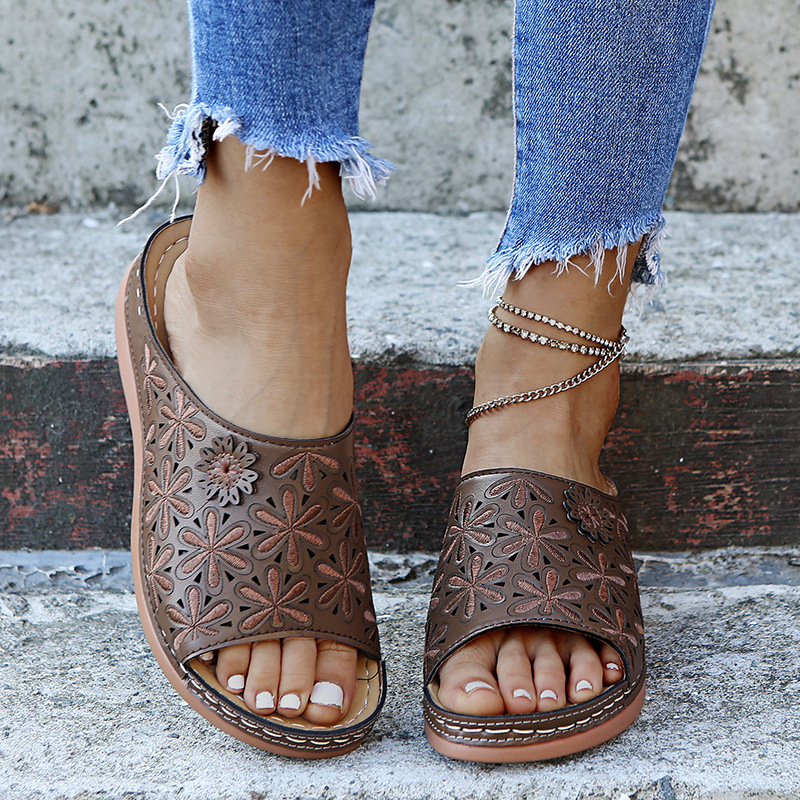 Women's vintage flower embroidered cut-out leather orthopedic sandals.