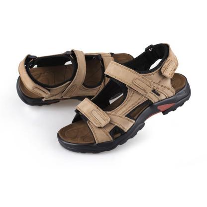 Men's first layer leather beach shoes open toe slip summer handmade large size sandals outdoor-caipcmall