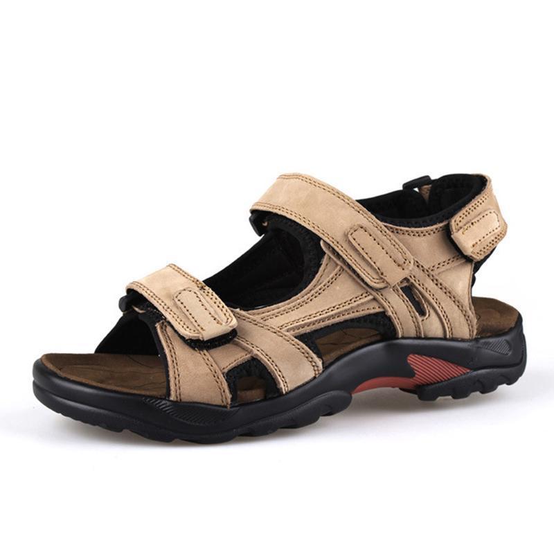 Men's first layer leather beach shoes open toe slip summer handmade large size sandals outdoor-caipcmall