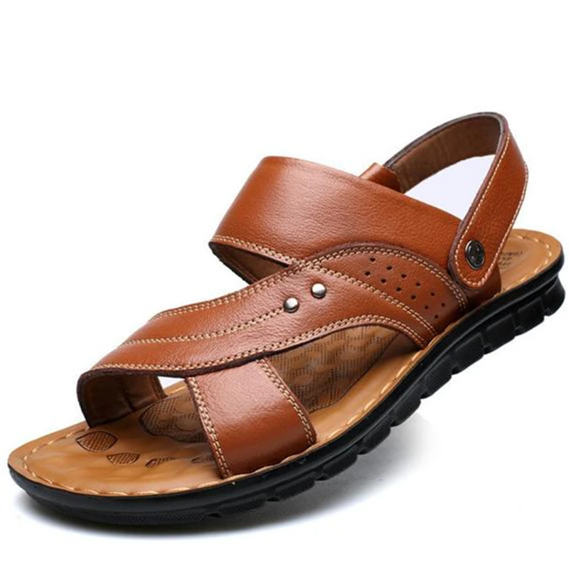 Men's Summer Genuine Leather Sandals Comfortable Slip-on Beach Shoes-caipcmall