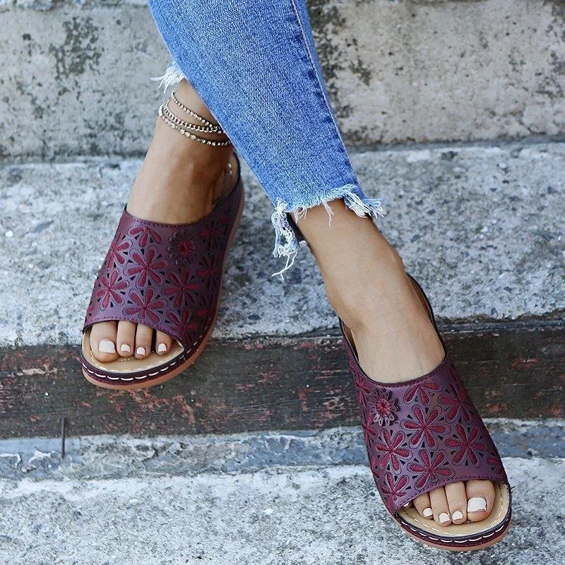 Women's vintage flower embroidered cut-out leather orthopedic sandals.