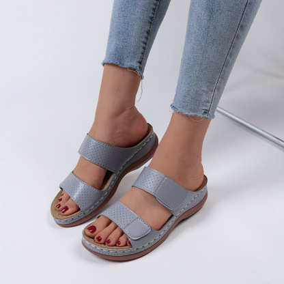 Women's Velcro solid color leather hollow breathable orthopedic wedge sandals