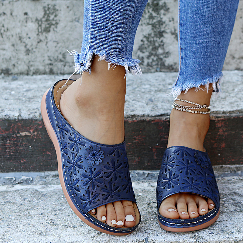 Women's vintage flower embroidered cut-out leather orthopedic sandals.