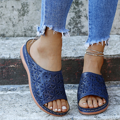 Women's vintage flower embroidered cut-out leather orthopedic sandals.