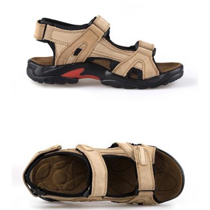 Men's first layer leather beach shoes open toe slip summer handmade large size sandals outdoor-caipcmall