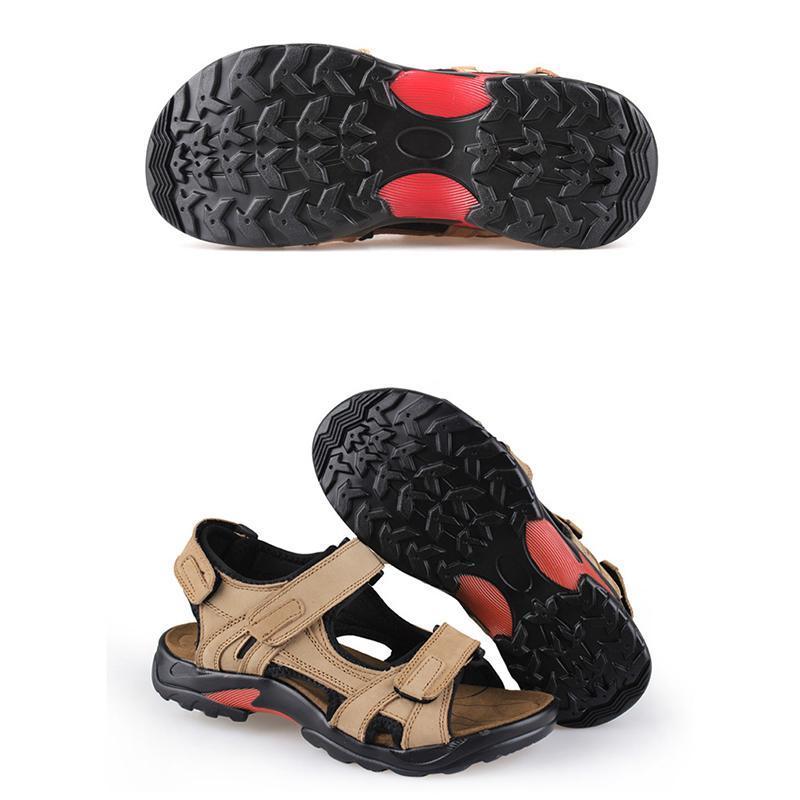 Men's first layer leather beach shoes open toe slip summer handmade large size sandals outdoor-caipcmall