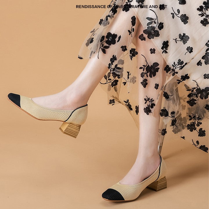Women Wide Toe Box Chunky Heel Slip On Shoes-caipcmall