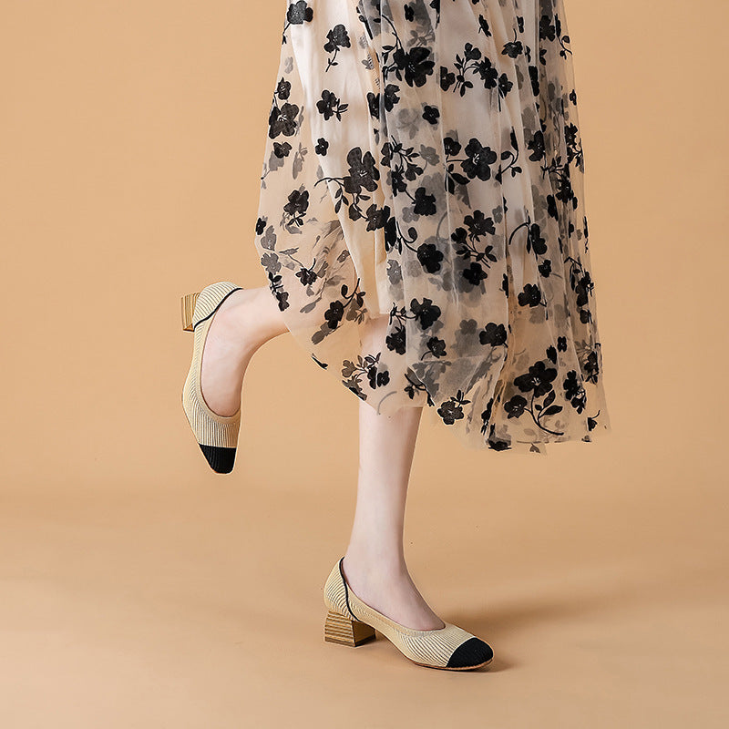 Women Wide Toe Box Chunky Heel Slip On Shoes-caipcmall