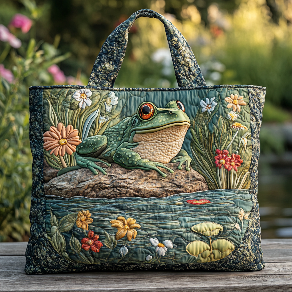 Frog Charm Quilted Tote  Bag