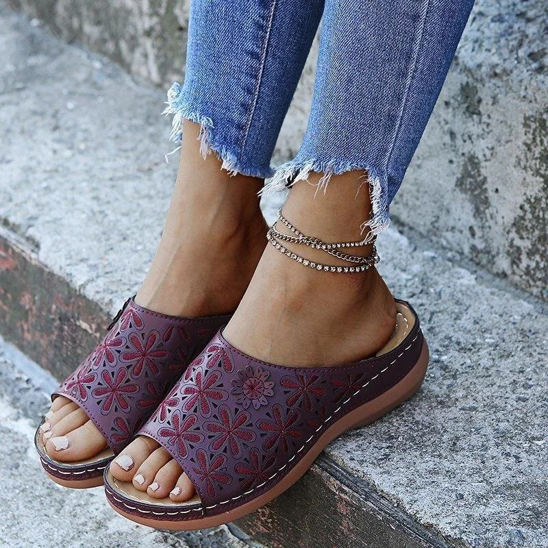 Women's vintage flower embroidered cut-out leather orthopedic sandals.