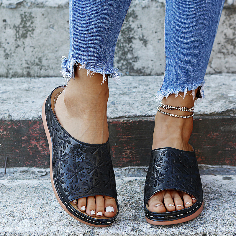 Women's vintage flower embroidered cut-out leather orthopedic sandals.