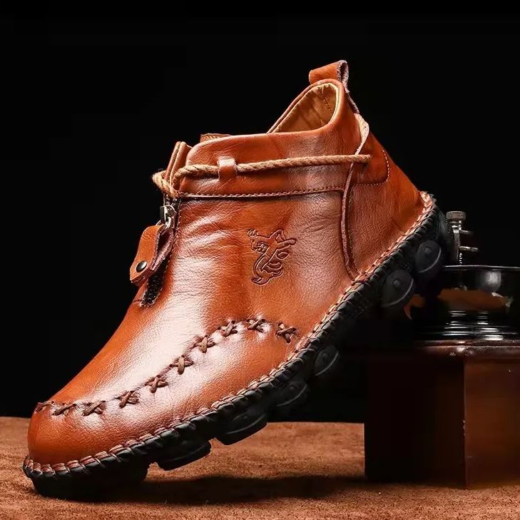 Mens Hand Stitching Non-Slip Soft Sole Genuine Leather Ankle Chukka Boots-caipcmall