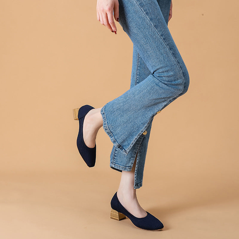 Women Wide Toe Box Chunky Heel Slip On Shoes-caipcmall