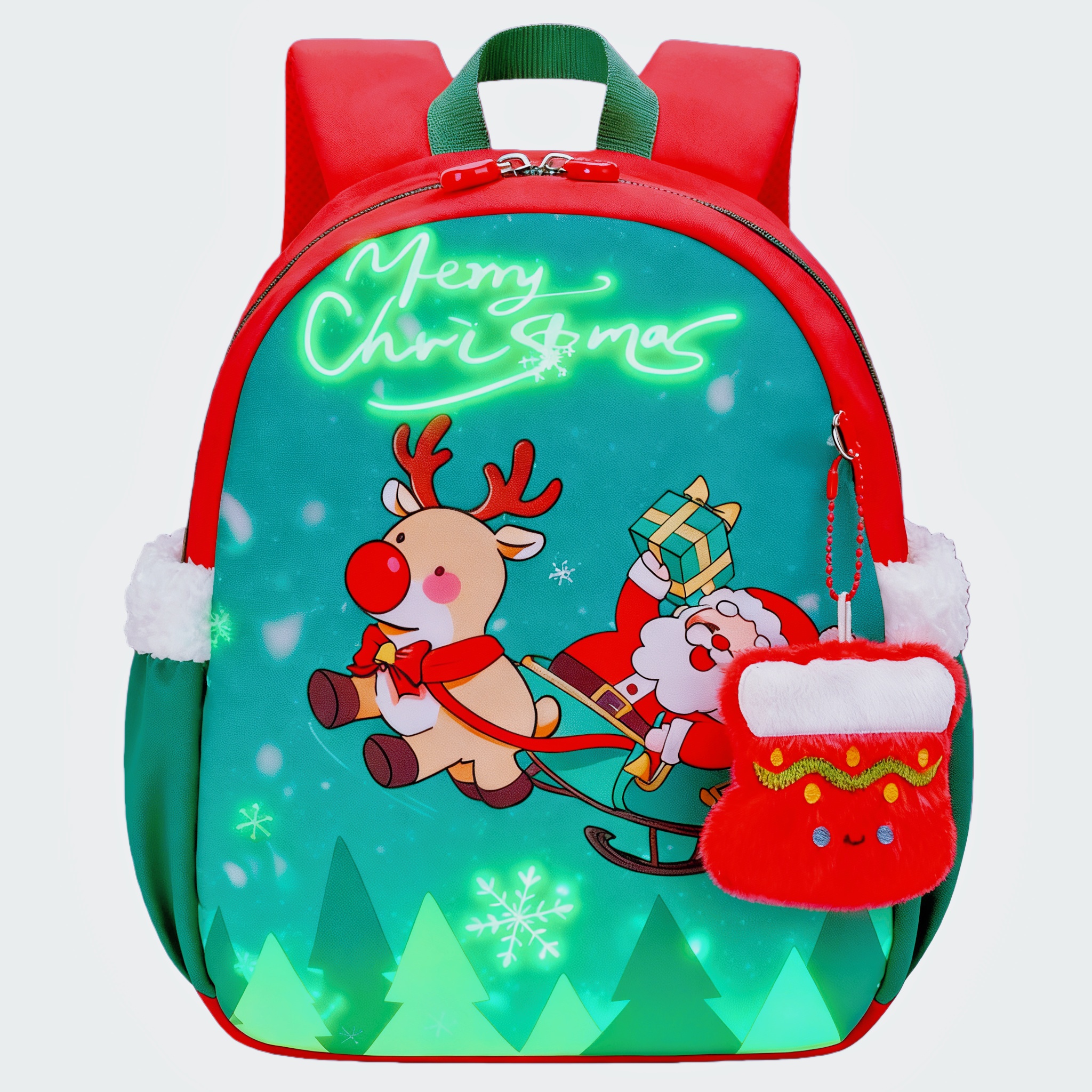 Christmas Kids Backpack Gift Bag with Glow-in-the-Dark Design,Cute Santa & Candy Elements