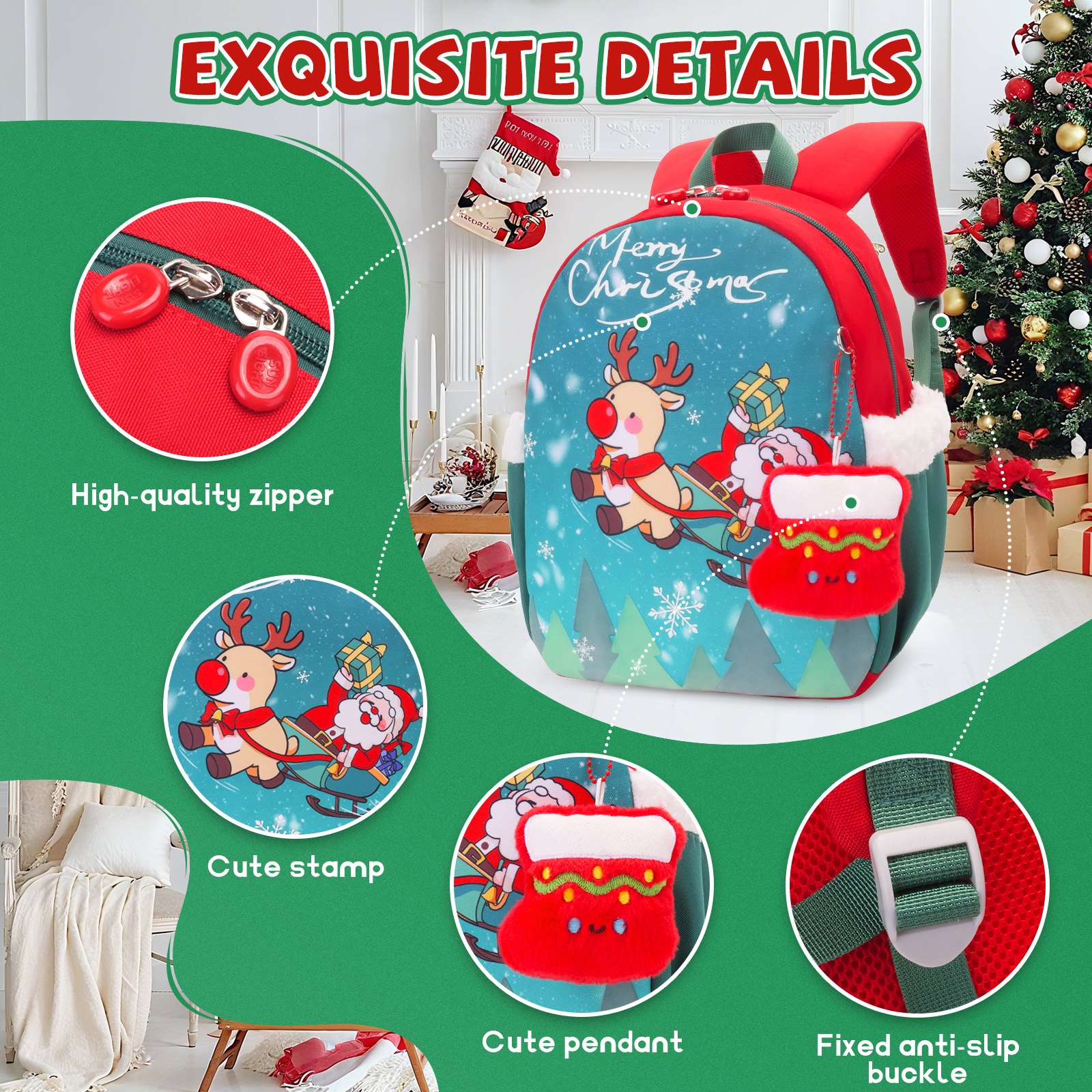 Christmas Kids Backpack Gift Bag with Glow-in-the-Dark Design,Cute Santa & Candy Elements