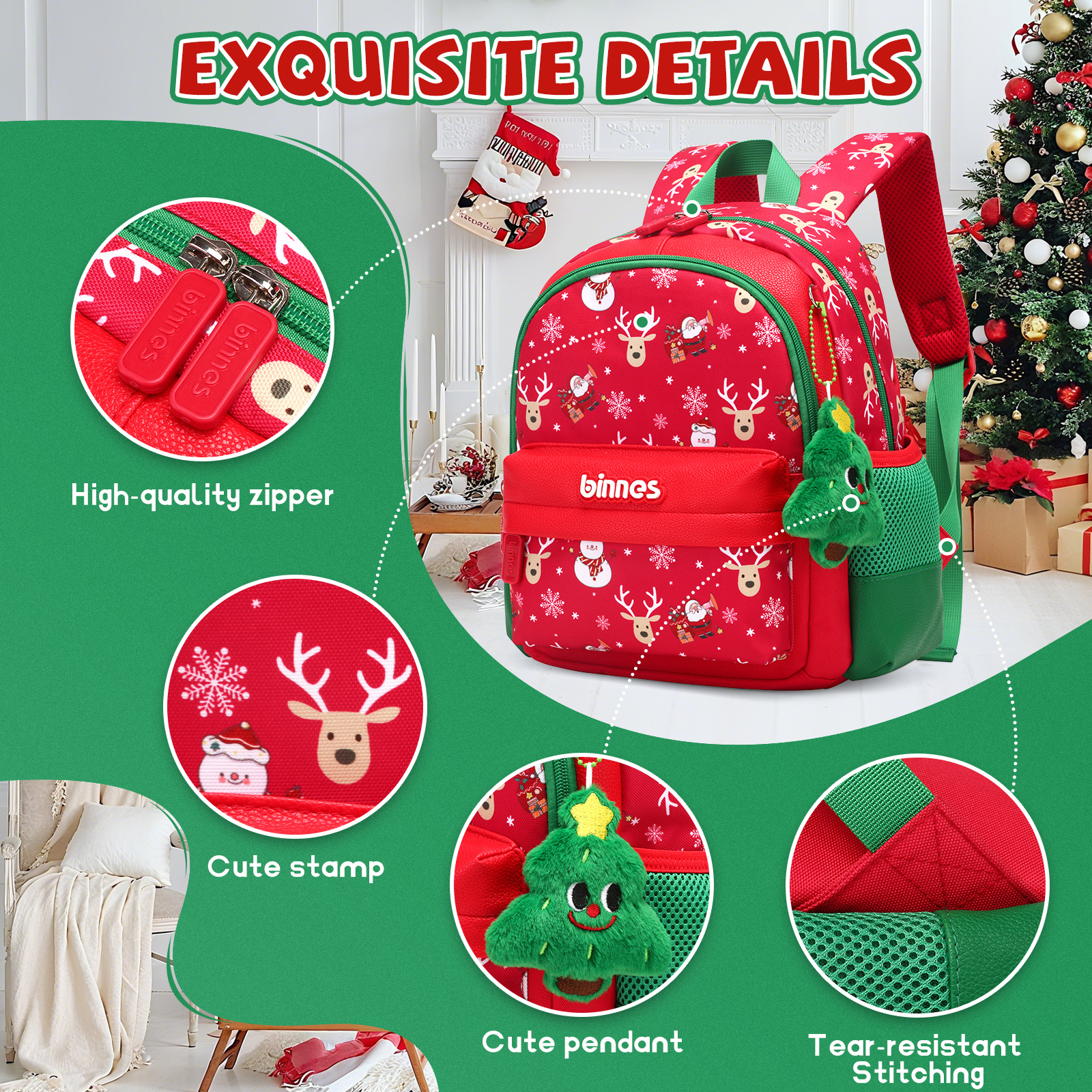 Kids Christmas Gift Backpack Holiday Bag with Santa & Reindeer Print