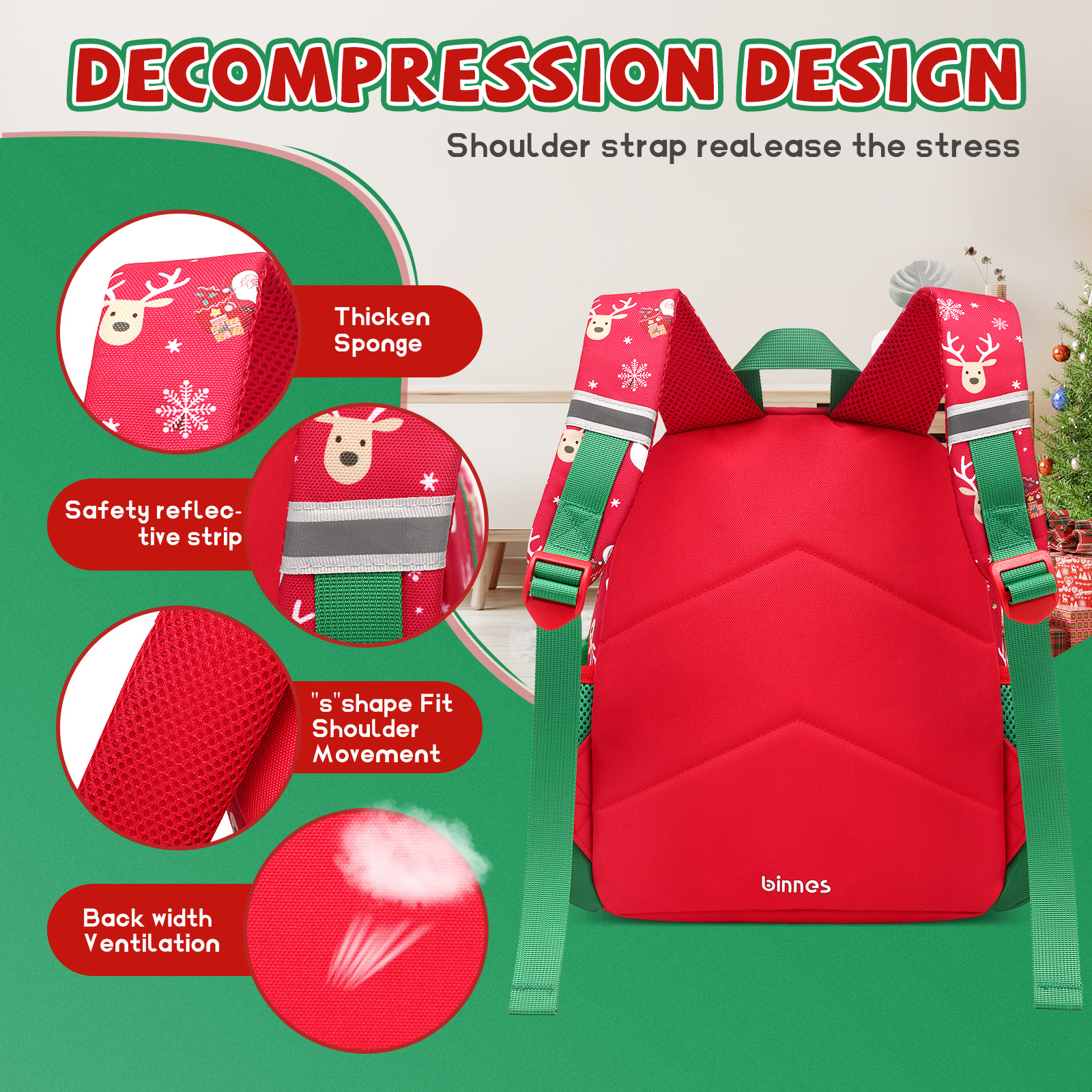 Kids Christmas Gift Backpack Holiday Bag with Santa & Reindeer Print