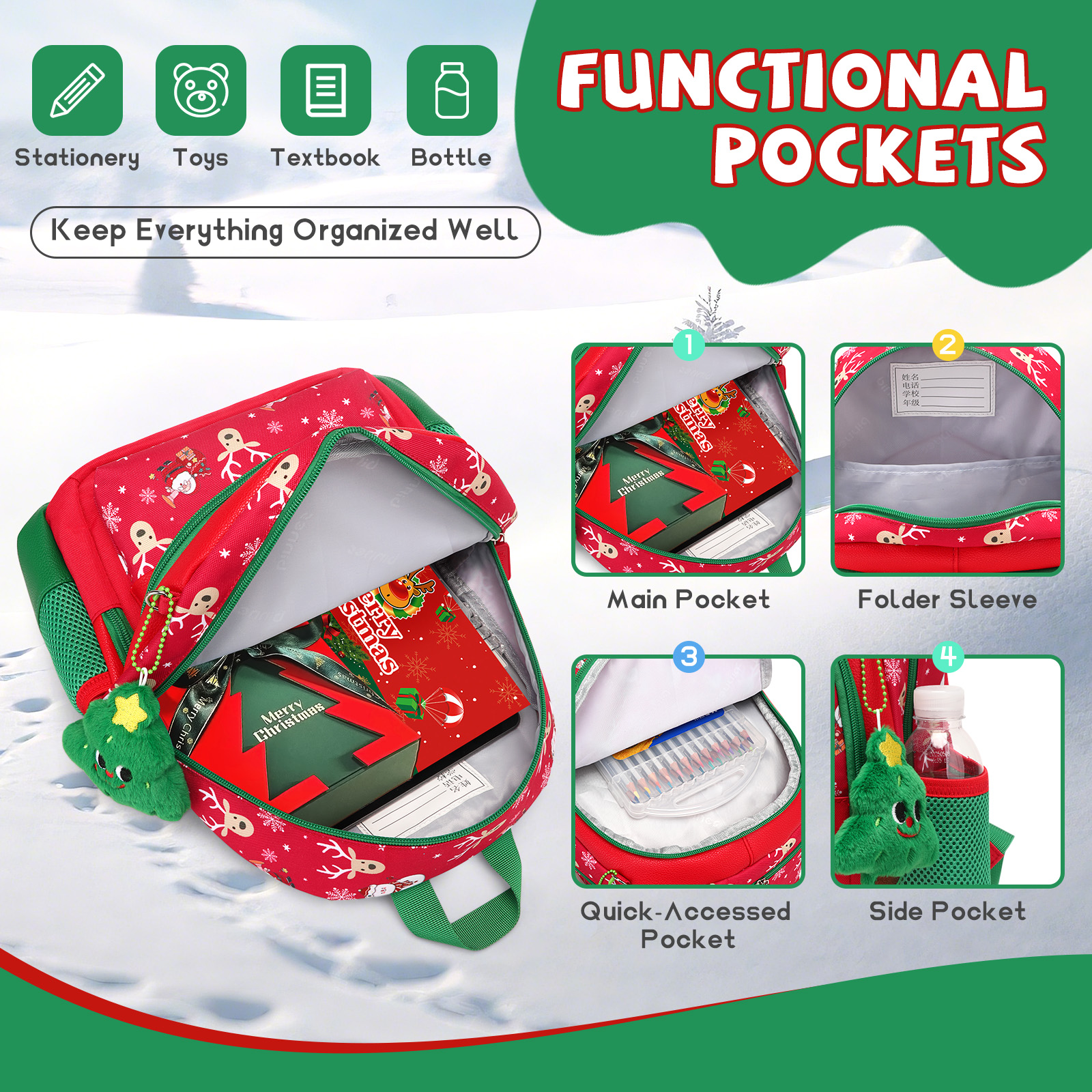 Kids Christmas Gift Backpack Holiday Bag with Santa & Reindeer Print