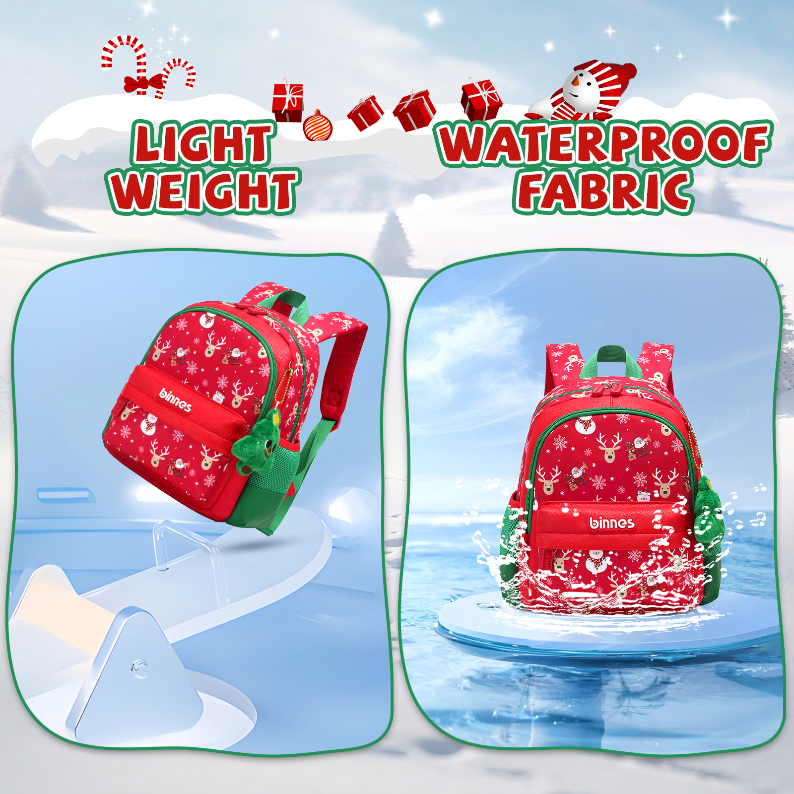 Kids Christmas Gift Backpack Holiday Bag with Santa & Reindeer Print