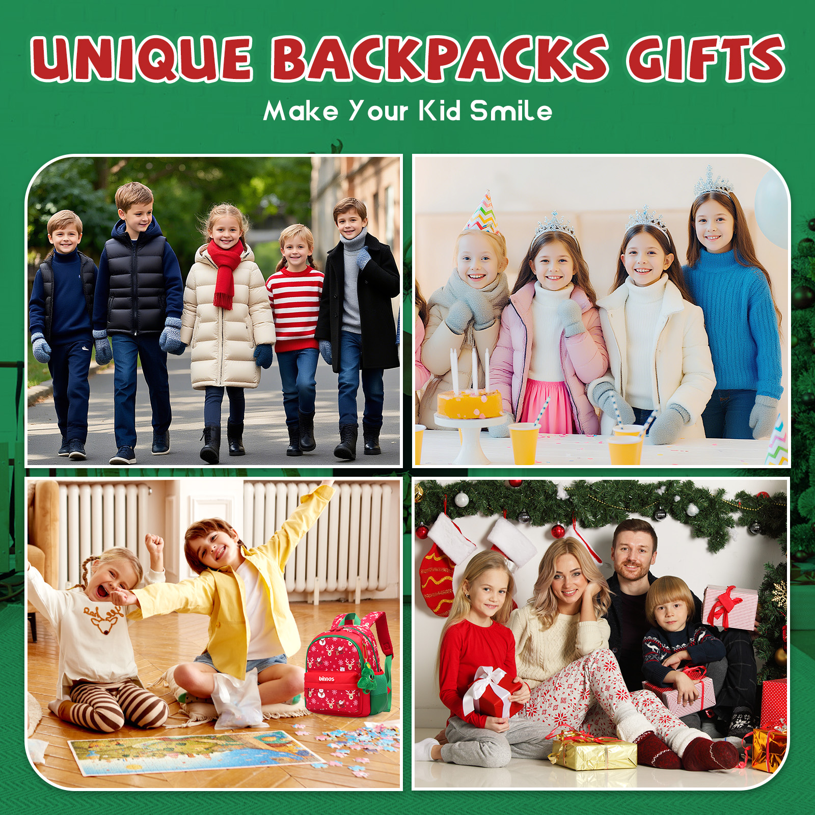 Kids Christmas Gift Backpack Holiday Bag with Santa & Reindeer Print