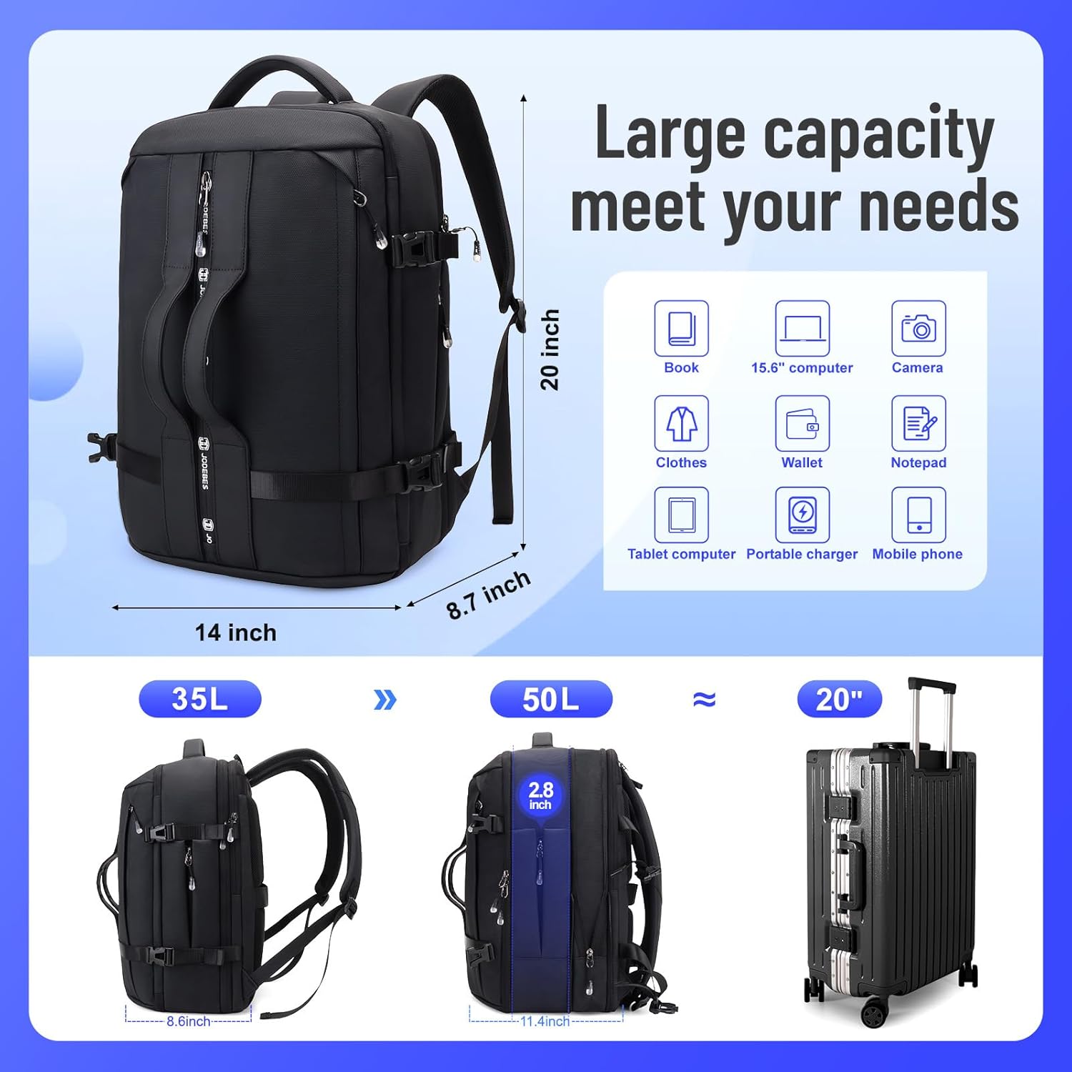 JODEBES 50L Carry on Travel Backpack for Men Women,Airline Approved Convertible Duffle Backpack Luggage Bag,TSA Overnight Bags,fits 17" Laptop