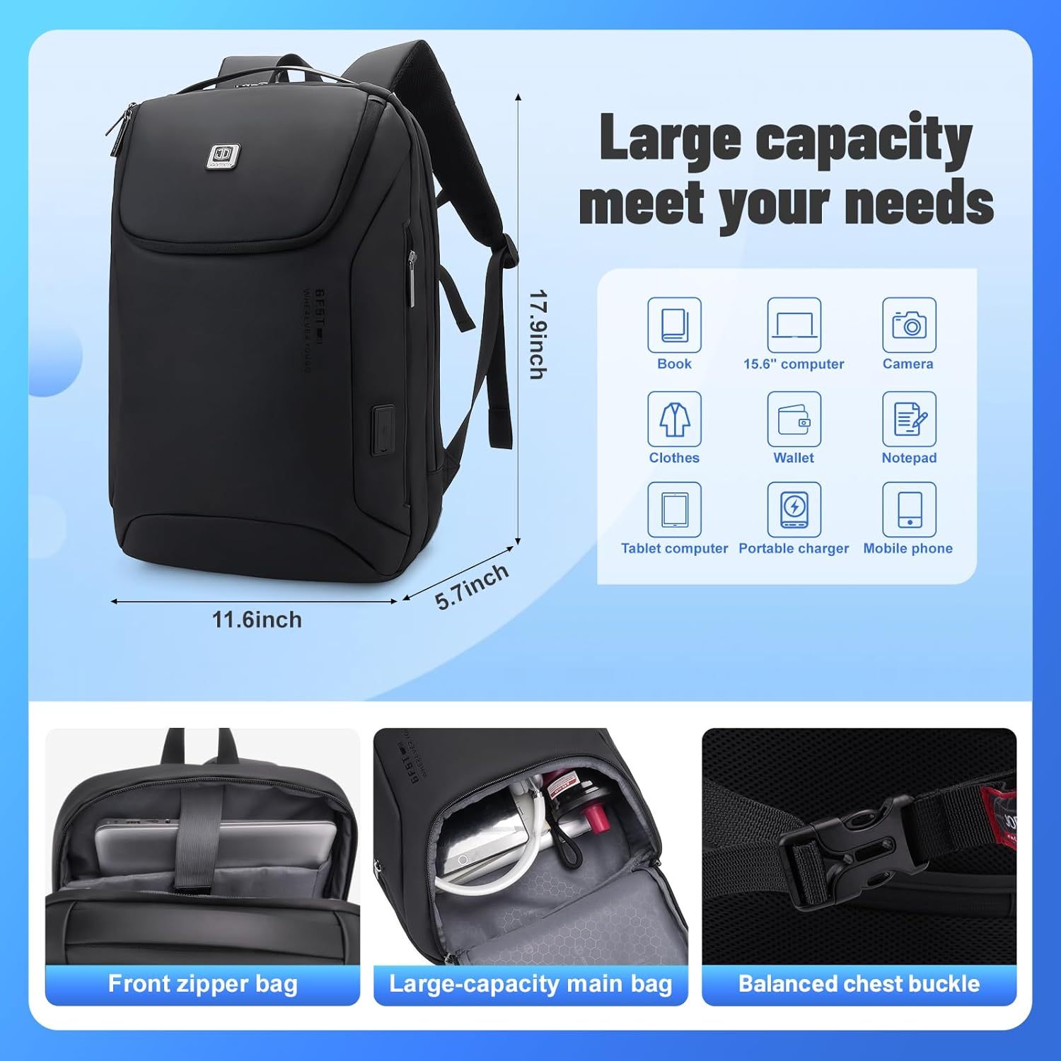 Jodebes Travel Laptop Backpack with TSA Lock,Waterproof 17.3 Inch Business Laptop Rucksack Bag USB Charging Port,Anti-Theft Carry on Backpack